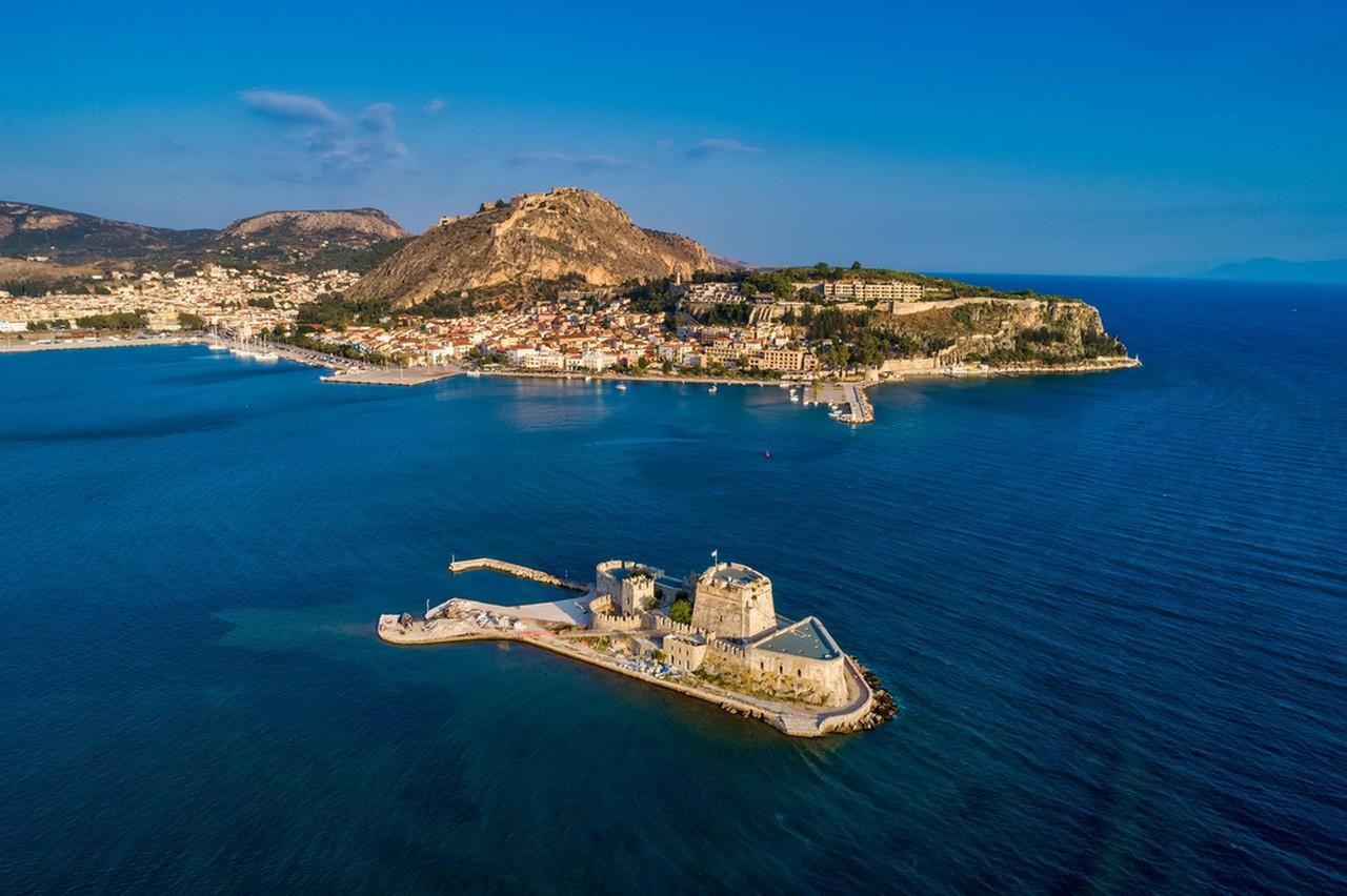 Nafplion,Aerial view of Old Venetian fortress on the island of Bou…